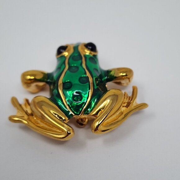 Vintage Green Enamel Goldtone Frog Pin Brooch 1.25" Detailed Design - Picture 4 of 7